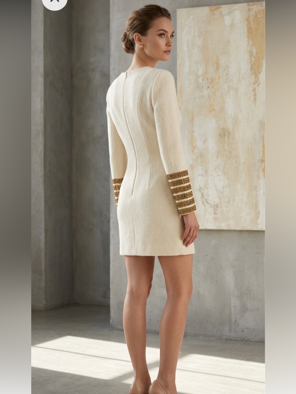 Shibuya 109 Cream Long Sleeve Mini Dress Gold Embellished Cuffs M - Picture 3 of 13